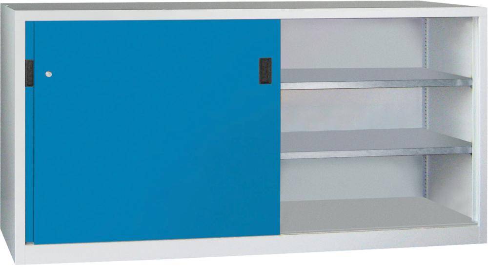 Schwerlastschrank H1000xB2000xT400 mm 4 Böden verz. Mittelwand RAL 7035/5012 Schiebetür - Artikel: 7830354436