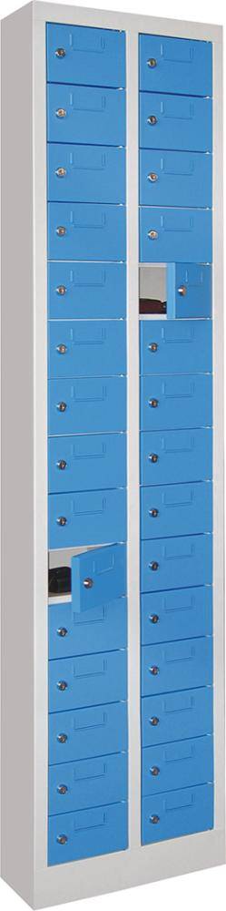 Kleinfachschrank m.SockelH1950xB460xT200 mm 2x15 Fächer RAL7035/5012 Türen mit Etikettenrahmen - Artikel: 7830354482