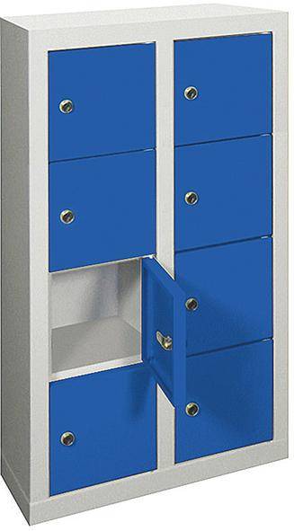 Kleinfach-Wandschrank H815xB460xT200 mm 2x4 Fächer RAL7035/5010 Türen glatt - Artikel: 7830354485