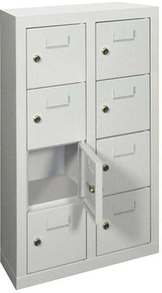 Kleinfach-Wandschrank H815xB460xT200 mm 2x4 Fächer RAL7035 Türen mit Etikettenrahmen