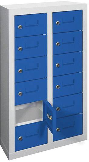 Kleinfach-Wandschrank H815xB460xT200 mm 2x6 Fächer RAL7035/5010 Türen mit Etikettenrahmen - Artikel: 7830354497