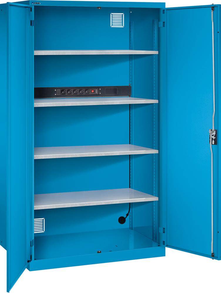 Akku-Ladeschrank B1000xT580xH1950mm RAL 5012,Vollblechtür 1x5-fach Leiste,4Böden