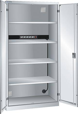 Akku-Ladeschrank B1000xT580xH1950mm RAL 7035,Vollblechtür 1x5-fach Leiste,4Böden