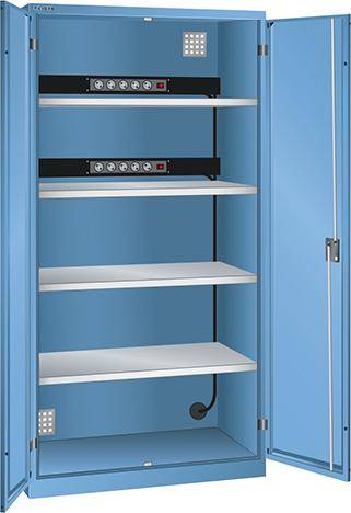 Akku-Ladeschrank B1000xT580xH1950mm RAL 5012,Vollblechtür 2x5-fach Leiste,4Böden