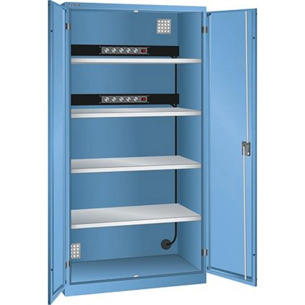 Akku-Ladeschrank B1000xT580xH1950mm RAL 5012,Vollblechtür 2x5-fach Leiste,4Böden Akku-Ladeschrank B1000xT580xH1950mm RAL 5012,Vollblechtür 2x5-fach Leiste,4Böden