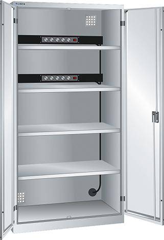 Akku-Ladeschrank B1000xT580xH1950mm RAL 7035,Vollblechtür 2x5-fach Leiste,4Böden