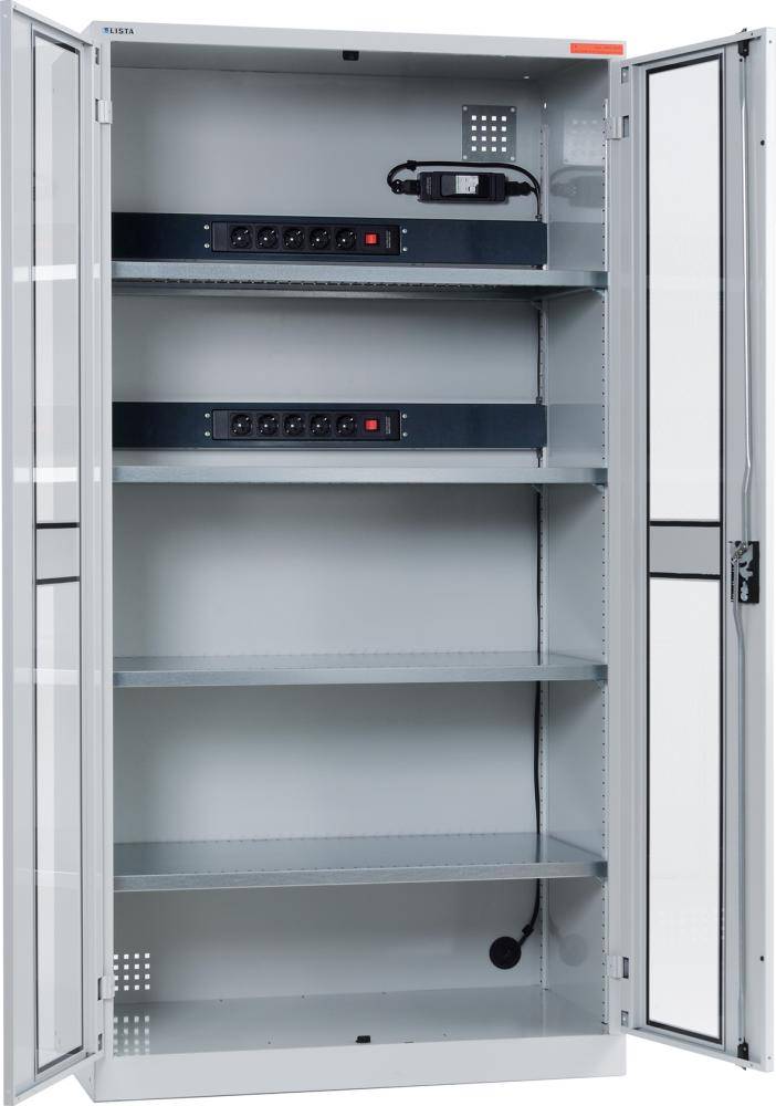 Akku-Ladeschrank B1000xT580xH1950mm RAL 7035,Sichtfenstertür 2x5-fach Leiste,4Böden