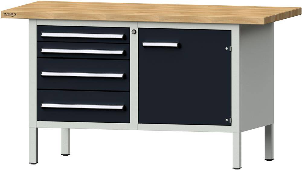 Format Kastenwerkbank B1500xT700xH840mm RAL 7035/5010 BMP: 40 mm 4 Schubladen, 1 Tür