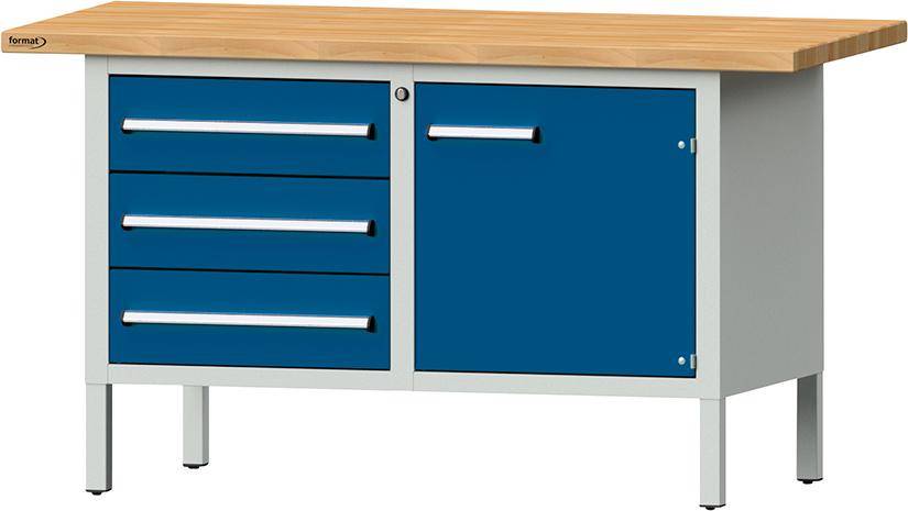 Format Kastenwerkbank B1500xT700xH840mm RAL 7035/5010 BMP: 40 mm 3 Schubladen, 1 Tür