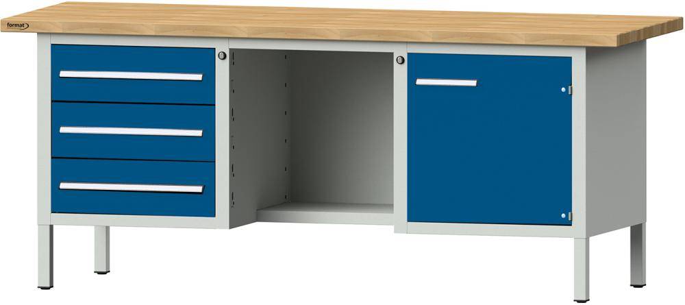 Format Kastenwerkbank B2000xT700xH840mm RAL 7035/5010 BMP: 40 mm 3 Schubladen, 1 Tür