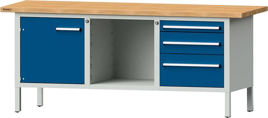 Format Kastenwerkbank B2000xT700xH840mm RAL 7035/5010 BMP: 40 mm 3 Schubladen, 1 Tür