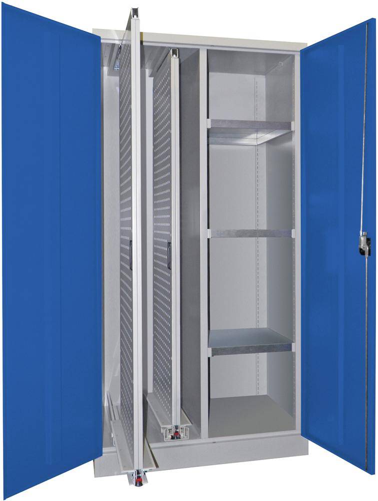 Vertikalauszugsschrank B1000xT600xH1950 mm 2 Wannen, 3 Böden RAL 7035/5010, Mittelwand - Artikel: 7830947244