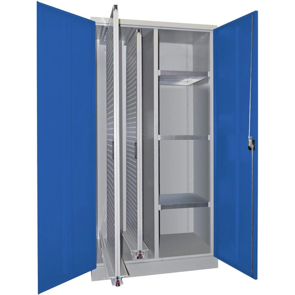 Vertikalauszugsschrank B1000xT600xH1950 mm 2 Wannen, 3 Böden RAL 7035/5010, Mittelwand - Artikel: 7830947244 Vertikalauszugsschrank B1000xT600xH1950 mm 2 Wannen, 3 Böden RAL 7035/5010, Mittelwand - Artikel: 7830947244