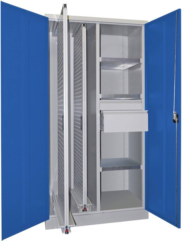 Vertikalauszugsschrank B1000xT600xH1950 mm 2 Wannen, 3 Böden, 2 SL RAL 7035/5010, Mittelwand - Artikel: 7830947248