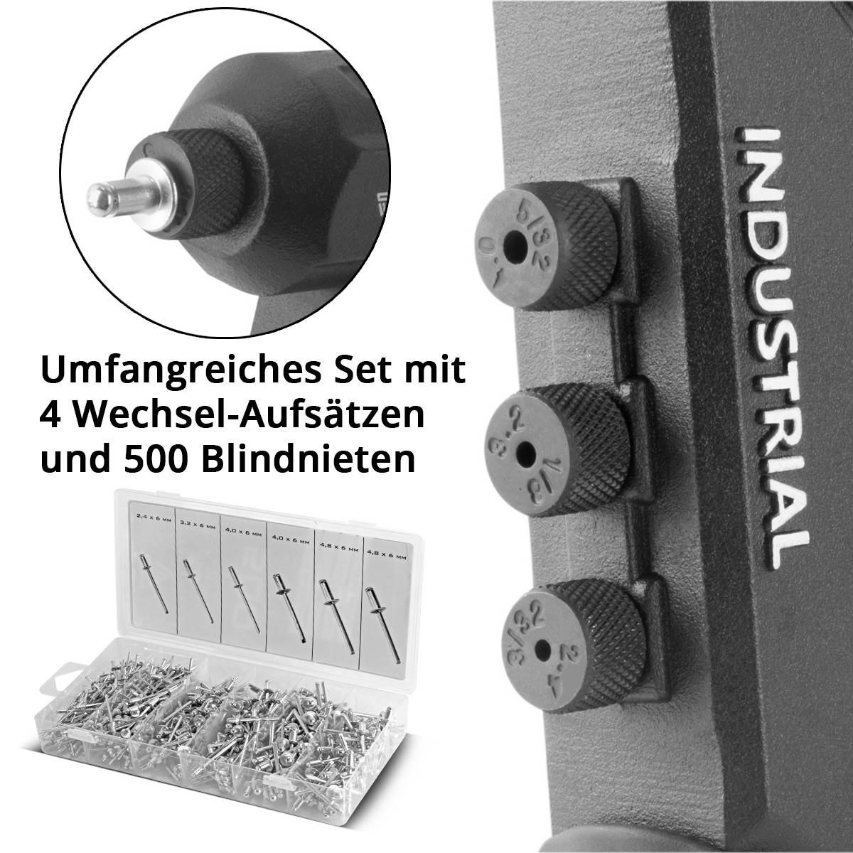 STAHLWERK Nietzangen Set 360° Blindnietzange Einhand Hebelnietzange + 500 Nieten