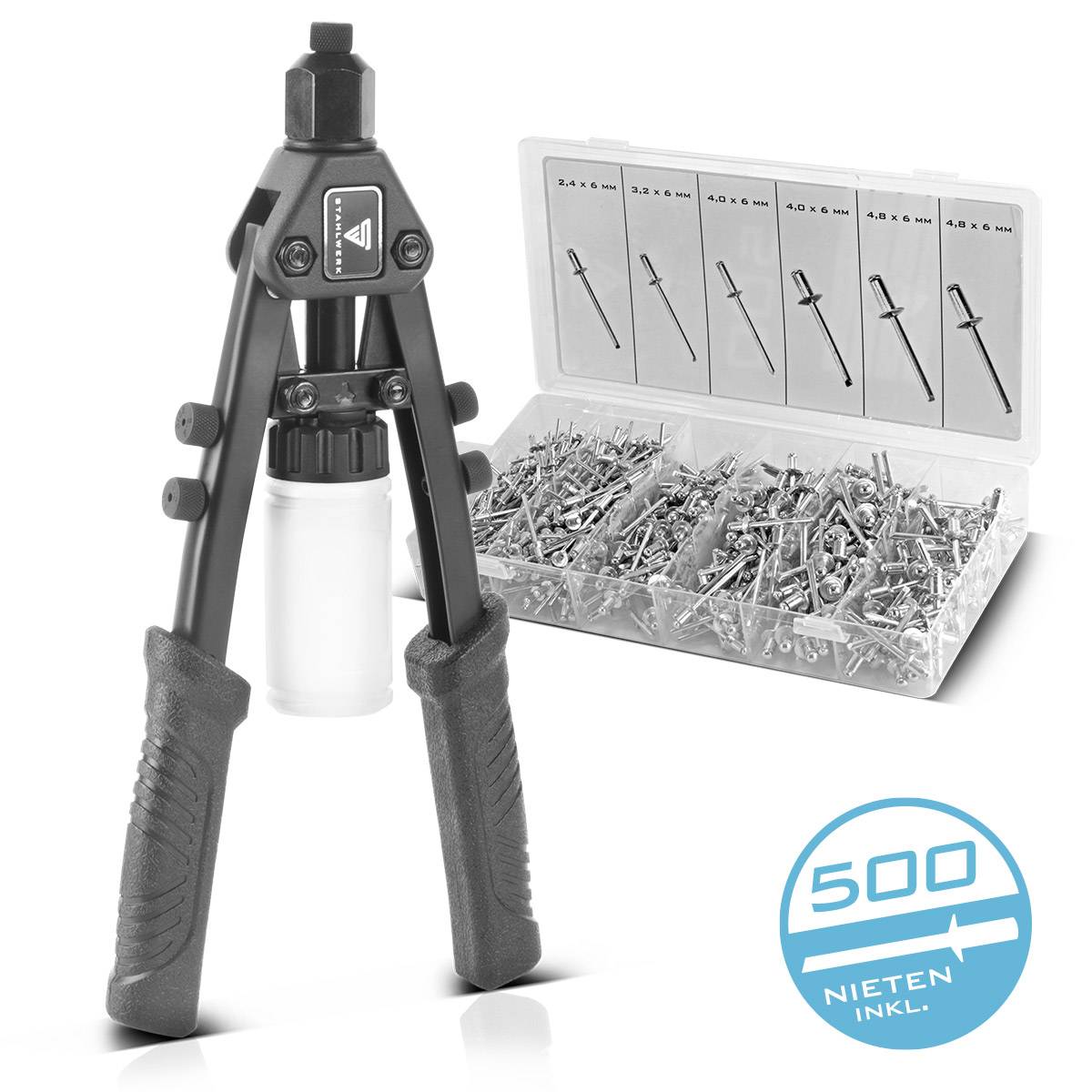 STAHLWERK Nietzangen Set Blindnietzange Hebelnietzange Popnietzange + 500 Nieten