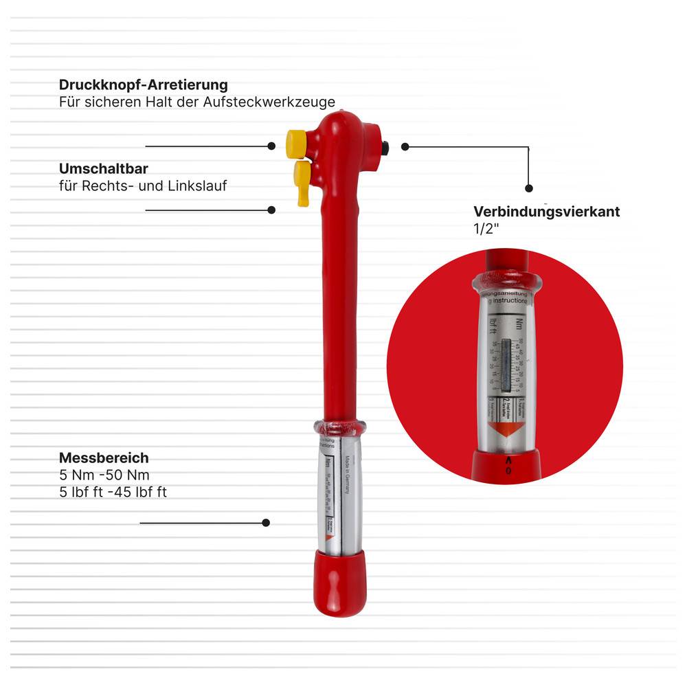 WETEC Drehmomentschlüssel, 1/2", 1.000 V, Drehmoment 5-50 Nm, 370 mm