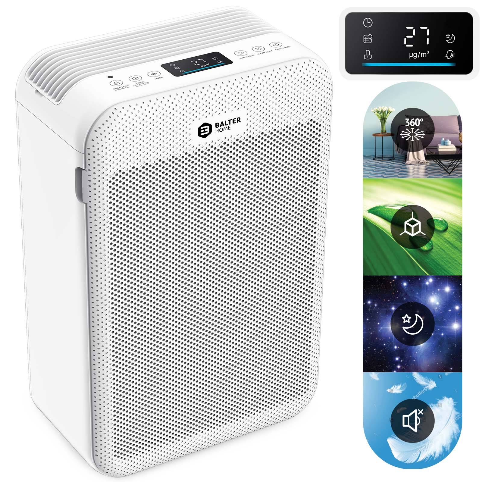 Balter LR-02 Luftreiniger, 5 Fach Filter mit HEPA H13, 99,97% Luftfilter Leistung, CADR 360m³/h, LCD Farb Display, Luftqualitätssensor, bis zu 60m2