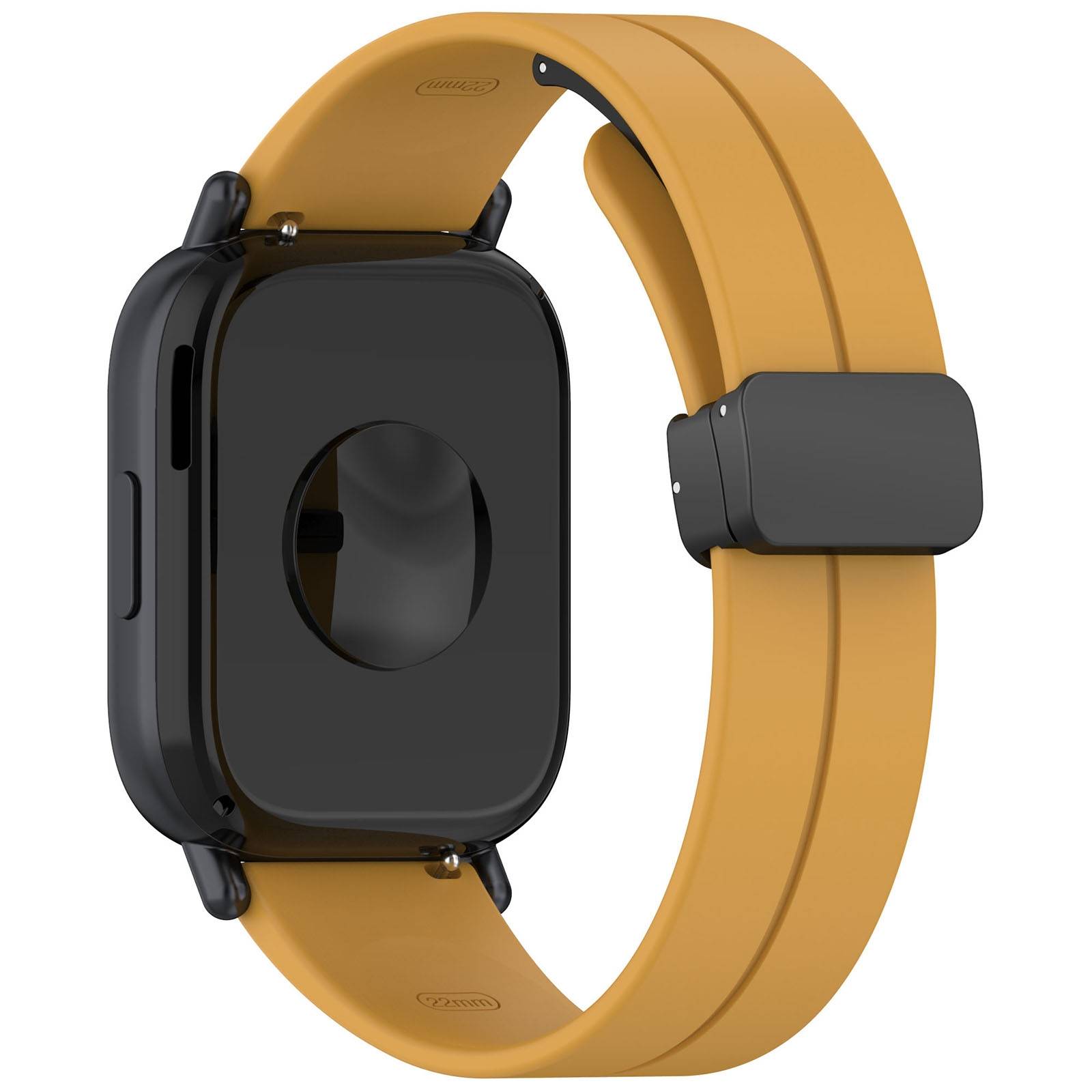 Eine Tan- und schwarze Smartwatch von hinten betrachtet, die sein rechteckiges Sensormodul und das gebogene Armband zeigt.