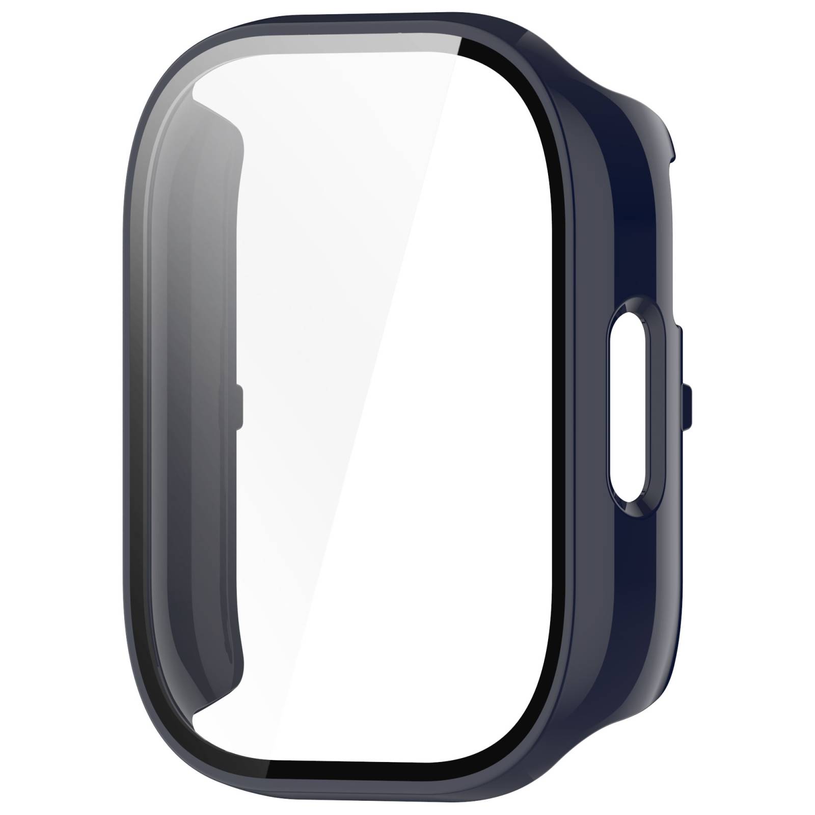 Klare Schutzhülle für eine rechteckige Smartwatch, gezeigt in Dunkelblau mit offenem Display und Seitentasten-Ausschnitt.