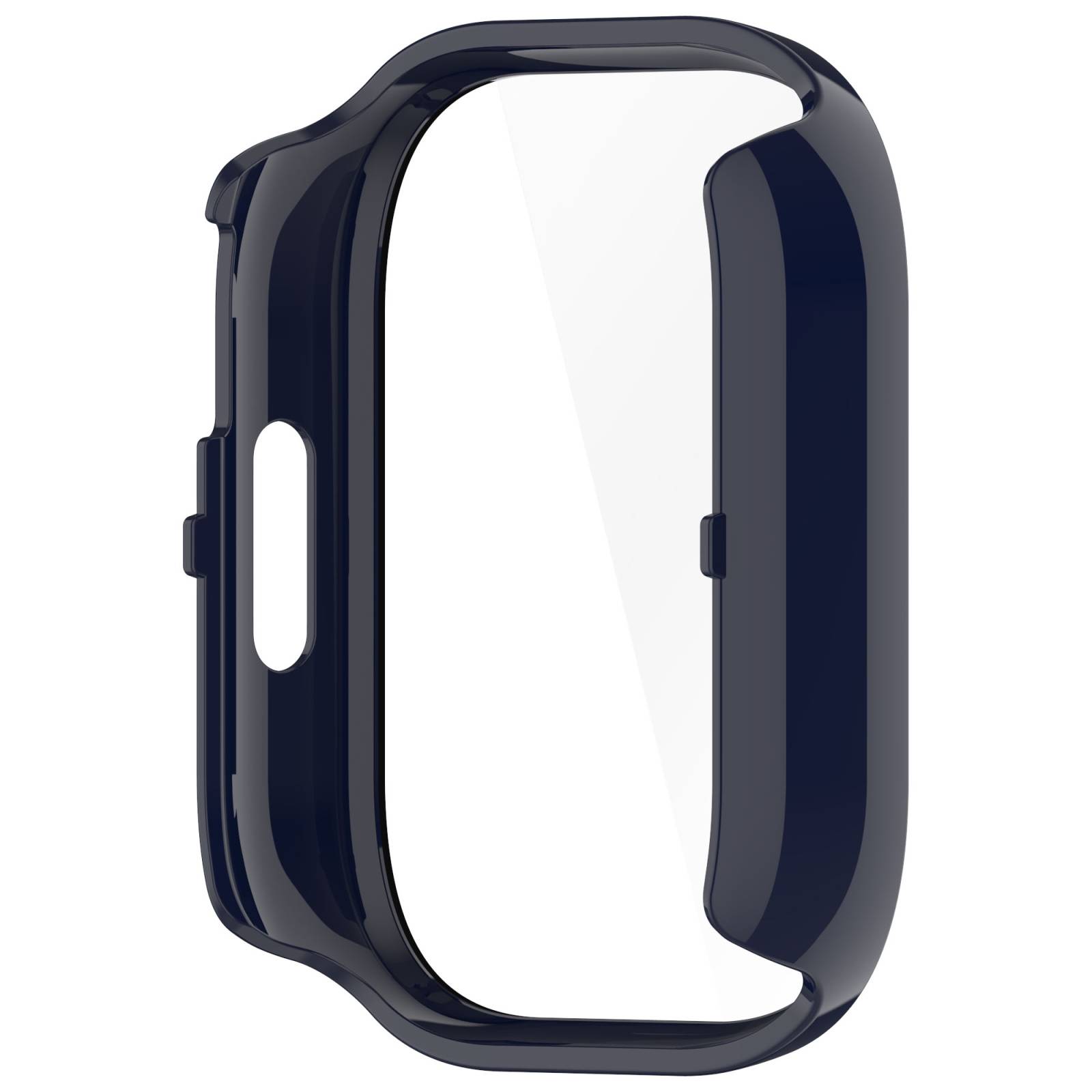 Dunkelblauer intelligente Uhr oder Fitness-Tracker-Gehäuse mit offenem Zentrum, Frontansicht auf weißem Hintergrund gezeigt.