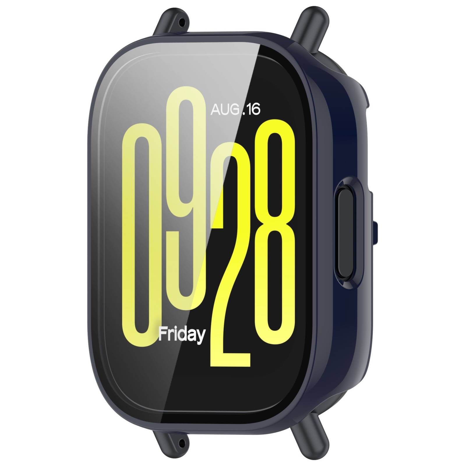 Dunkle Smartwatch mit abgerundetem quadratischem Display, auf dem 09:28, "AUG.16"" und ""Friday"" angezeigt werden.