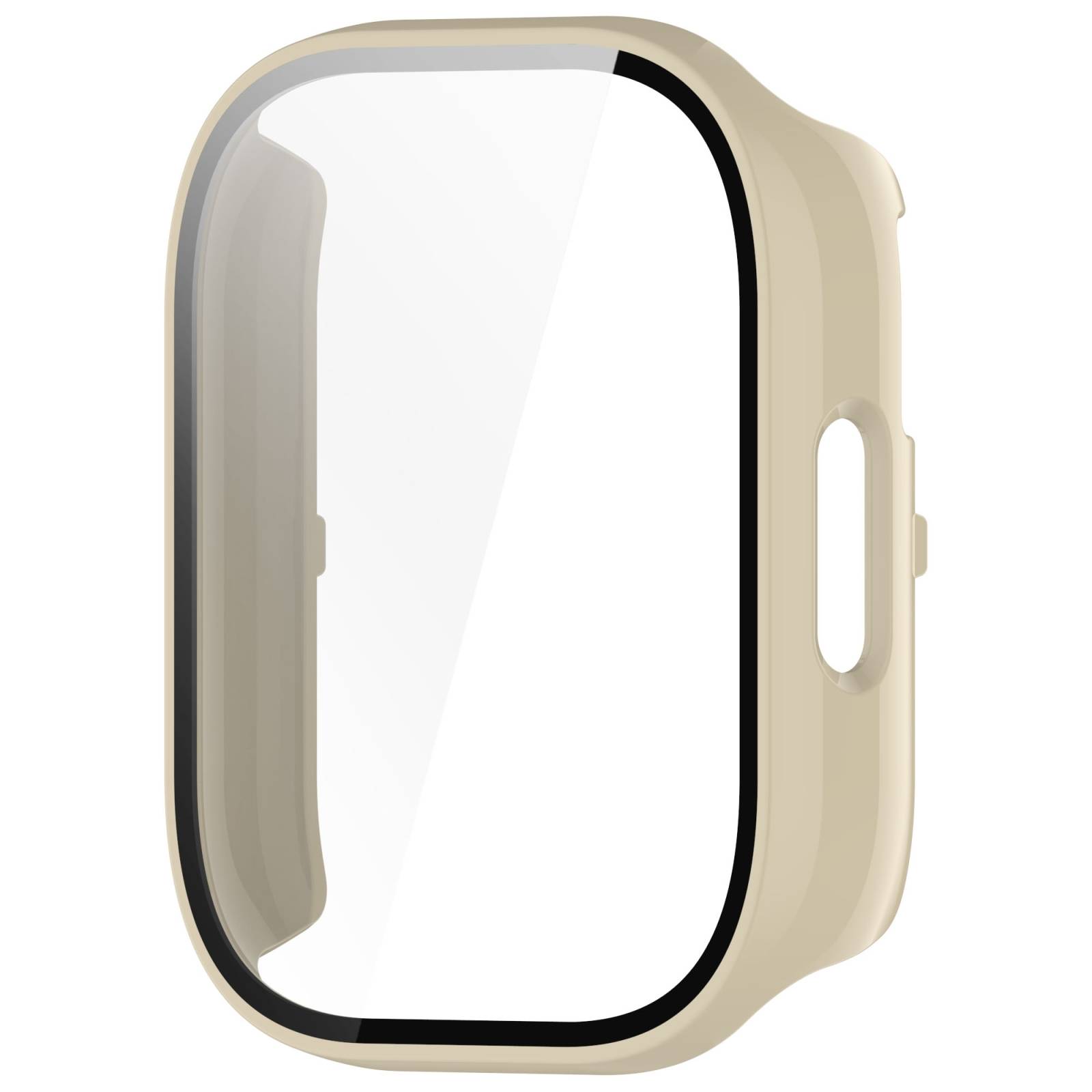 Beige Schutzhülle mit durchsichtigem Vorderdeckel für eine Smartwatch oder ein Fitness-Armband.