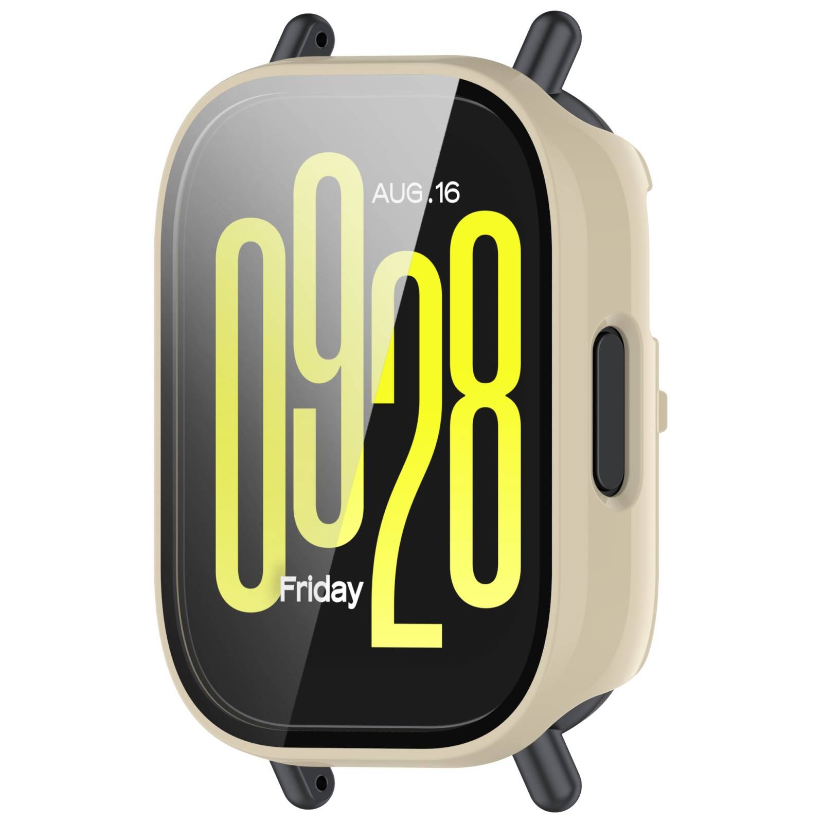 Beige quadratische Smartwatch mit schwarzem Display, das 09:28, 