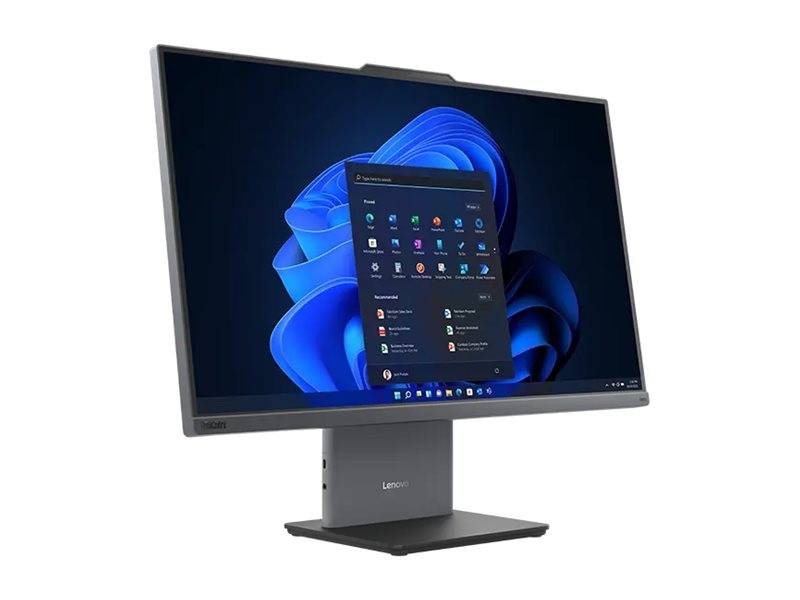 Lenovo-Desktopmonitor mit dem Windows 11-Startmenü auf einem blauen abstrakten Hintergrundbild.