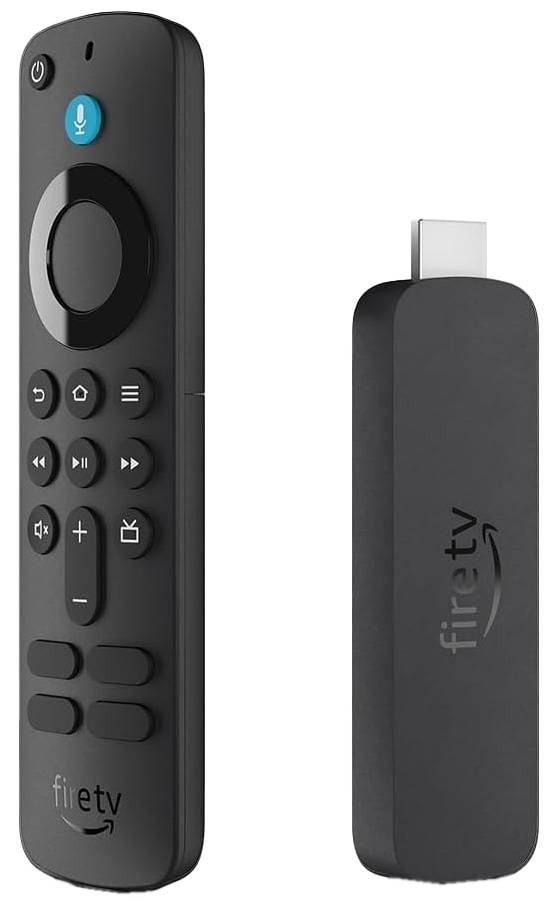 Fire TV Stick mit Fernbedienung. Entwickelt zum Streamen von Mediainhalten. Anschlüsse und Tasten auf beiden Geräten sichtbar.