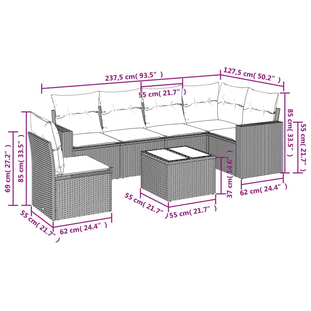 vidaXL 7-tlg. Garten-Sofagarnitur mit Kissen Braun Poly Rattan