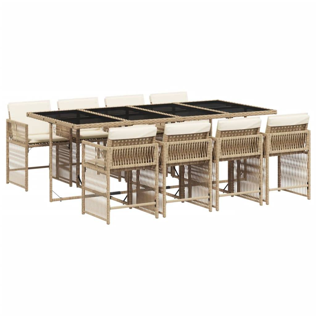 vidaXL 9-tlg. Garten-Essgruppe mit Kissen Beige Poly Rattan