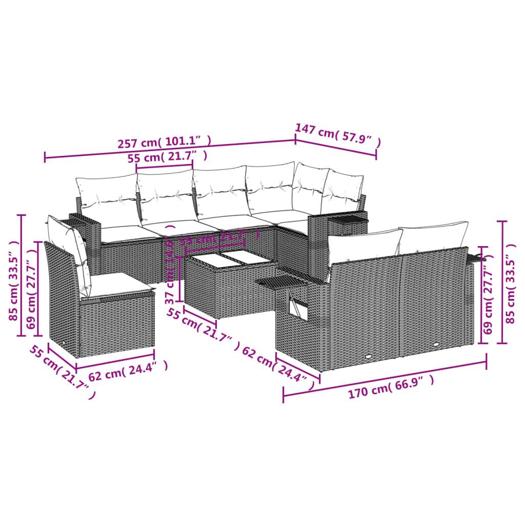 vidaXL 9-tlg. Garten-Sofagarnitur mit Kissen Braun Poly Rattan
