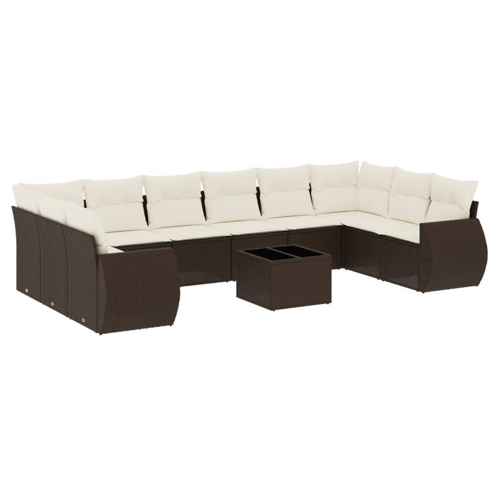 vidaXL 11-tlg. Garten-Sofagarnitur mit Kissen Braun Poly Rattan