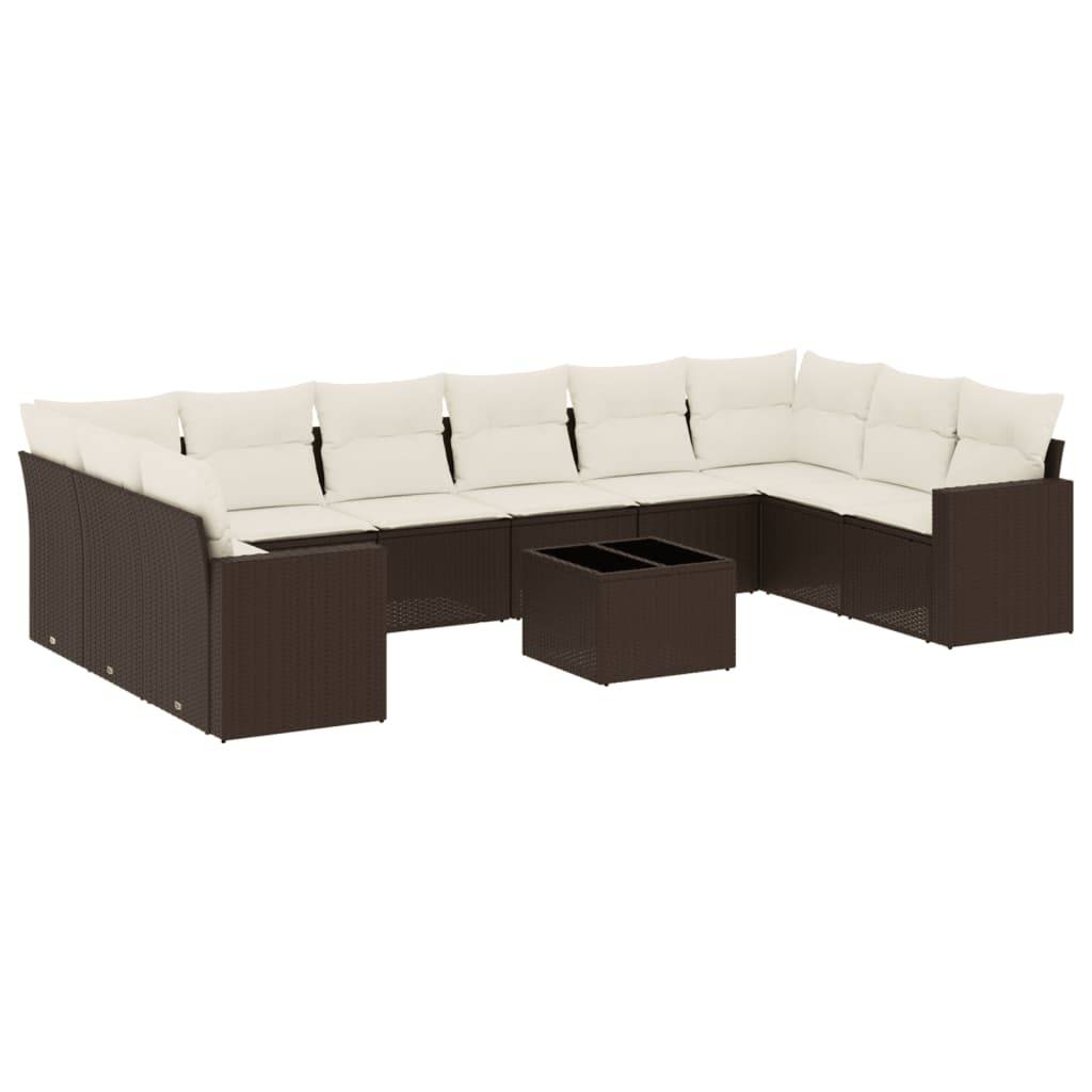 vidaXL 11-tlg. Garten-Sofagarnitur mit Kissen Braun Poly Rattan