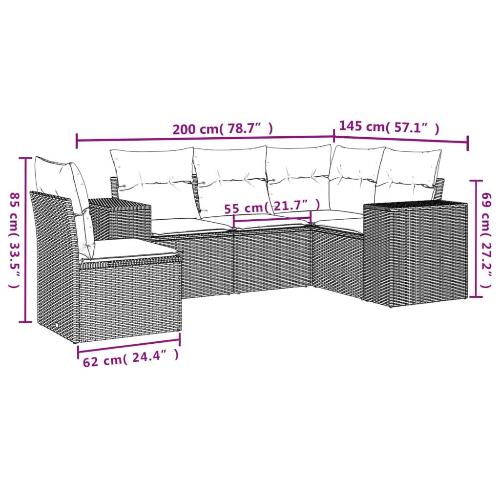 vidaXL 5-teiliges Gartensofa-Set mit Kissen, braun, Polyrattan