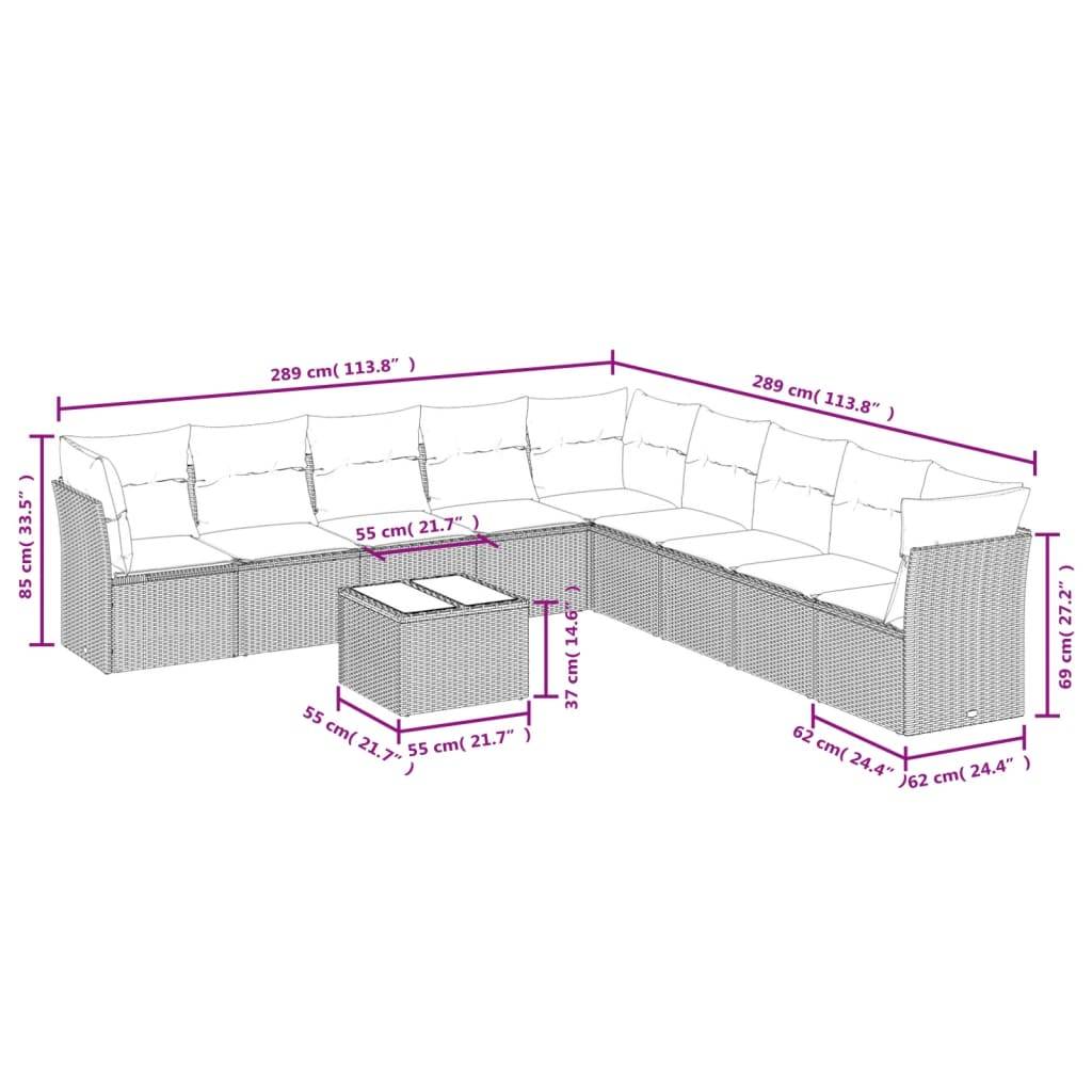 vidaXL 10-tlg. Garten-Sofagarnitur mit Kissen Braun Poly Rattan