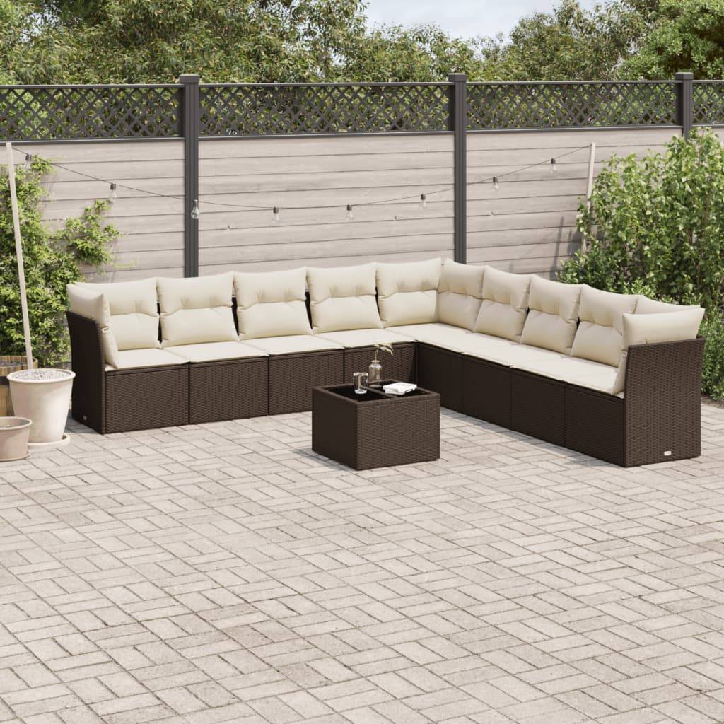 vidaXL 10-tlg. Garten-Sofagarnitur mit Kissen Braun Poly Rattan