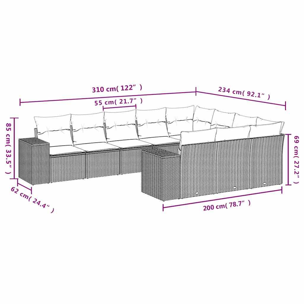 vidaXL 10-tlg. Garten-Sofagarnitur mit Kissen Braun Poly Rattan