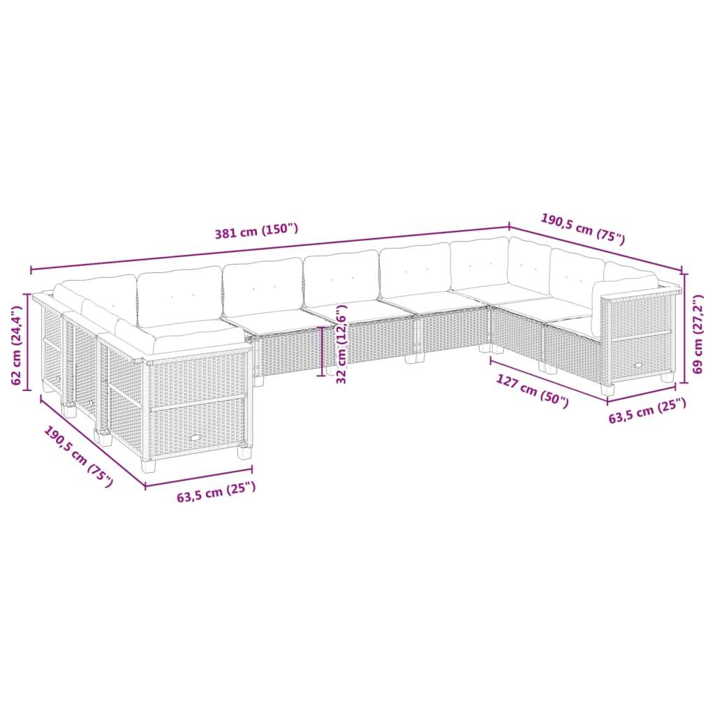 vidaXL 10-tlg. Garten-Sofagarnitur mit Kissen Beige Poly Rattan