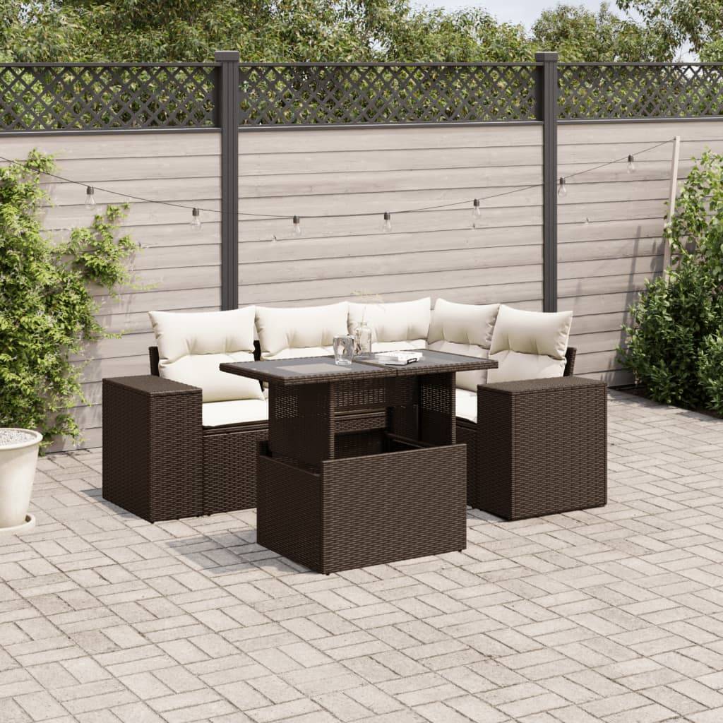 vidaXL 5-tlg. Garten-Sofagarnitur mit Kissen Braun Poly Rattan