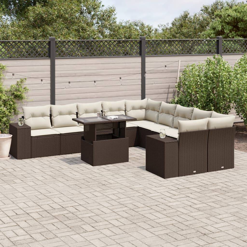 vidaXL 11-tlg. Garten-Sofagarnitur mit Kissen Braun Poly Rattan