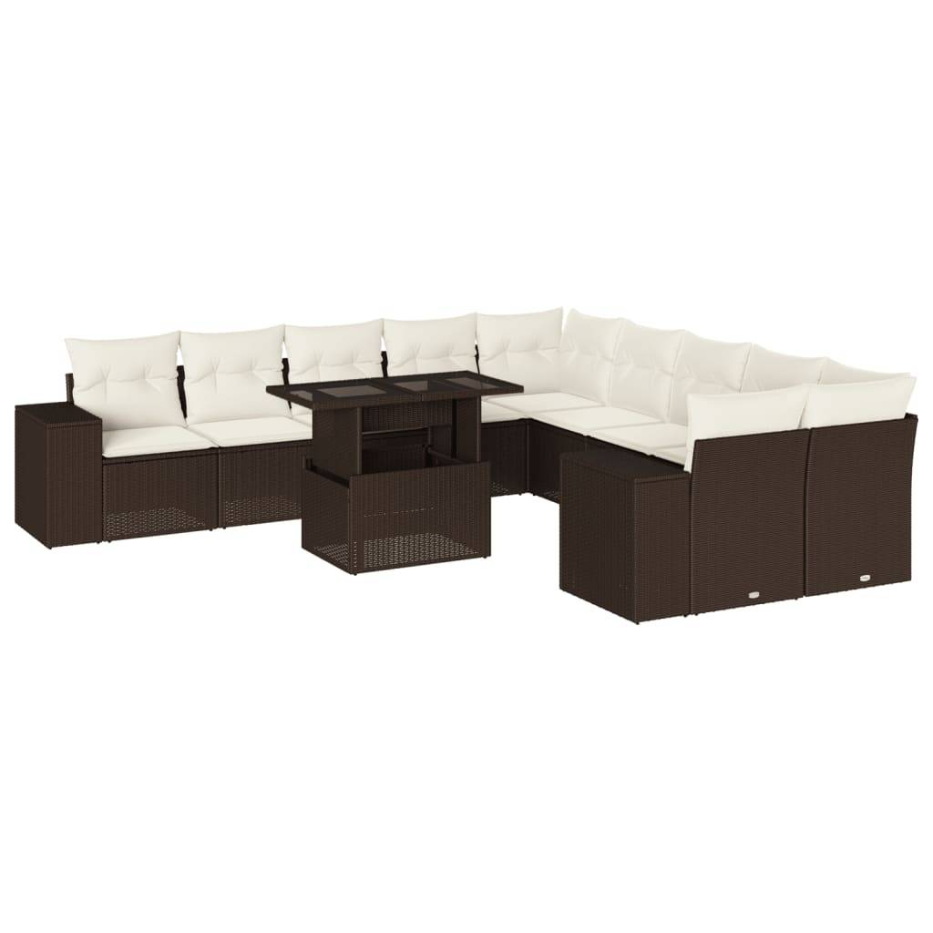 vidaXL 11-tlg. Garten-Sofagarnitur mit Kissen Braun Poly Rattan
