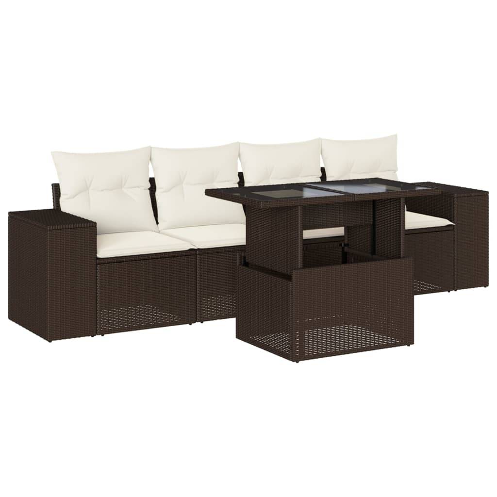vidaXL 5-tlg. Garten-Sofagarnitur mit Kissen Braun Poly Rattan