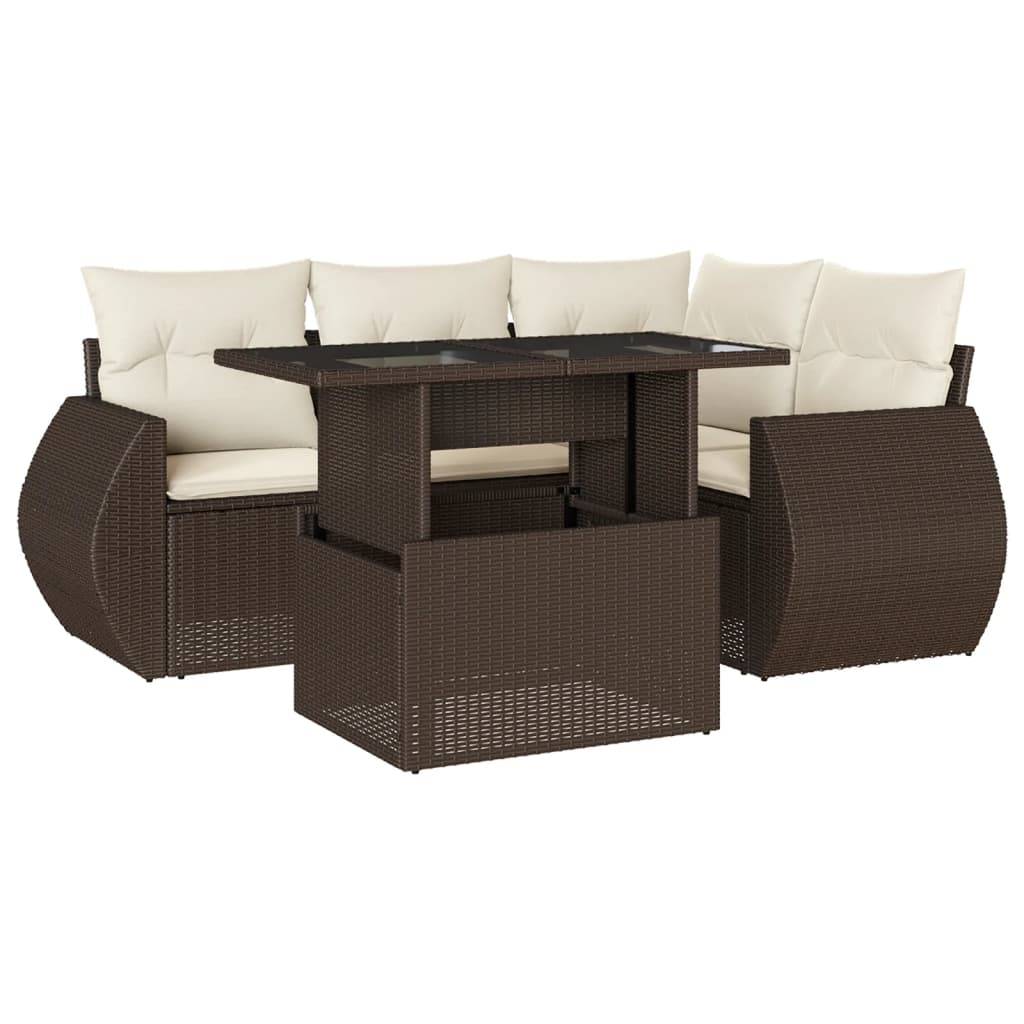 vidaXL 5-tlg. Garten-Sofagarnitur mit Kissen Braun Poly Rattan