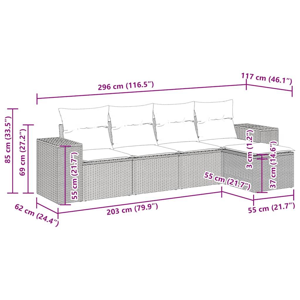 vidaXL 5-tlg. Garten-Sofagarnitur mit Kissen Schwarz Poly Rattan