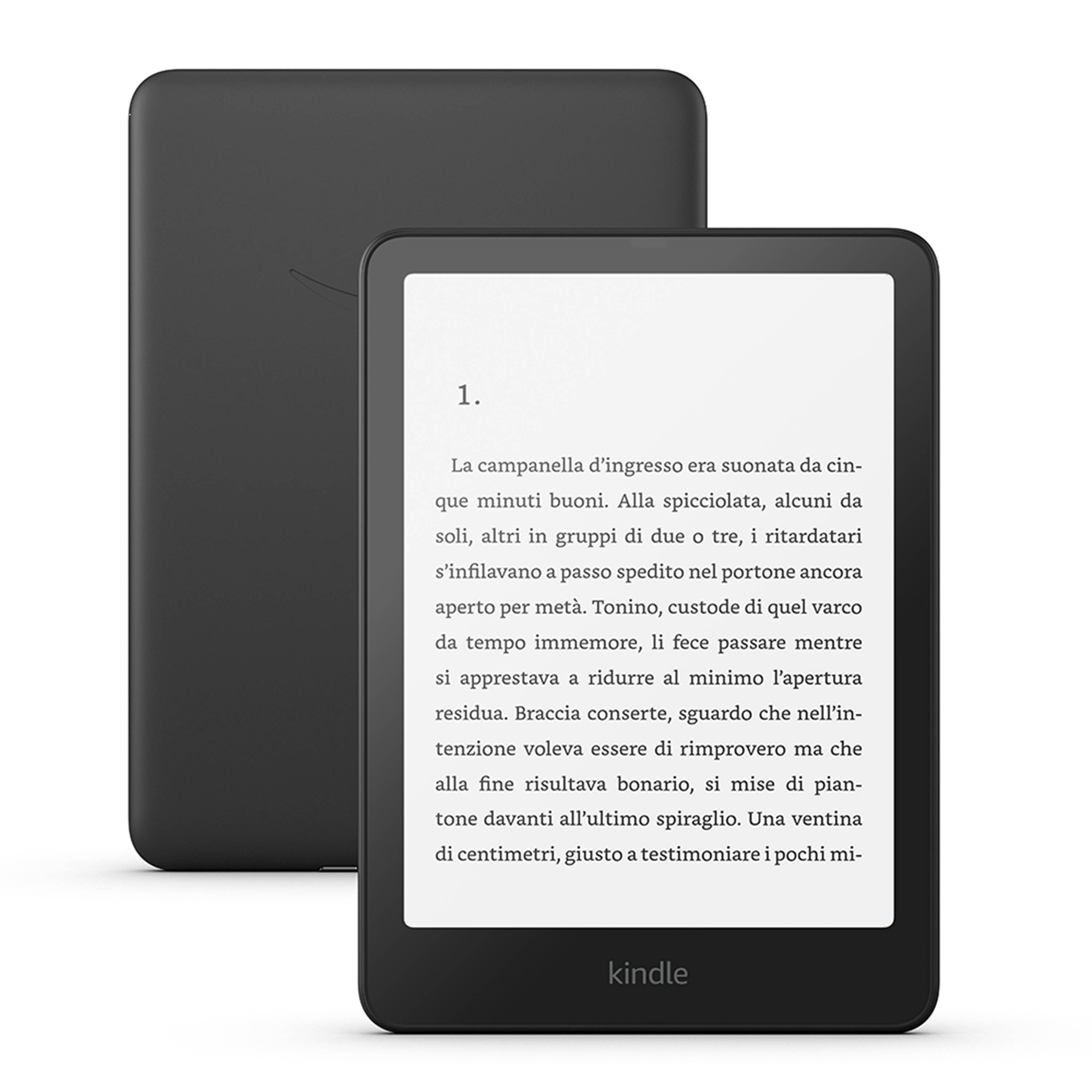 Ein Kindle E-Reader zeigt eine Textseite in italienischer Sprache an und zeichnet sich durch ein elegantes Design mit schwarzem Rahmen und minimalistischer Benutzeroberfläche aus.