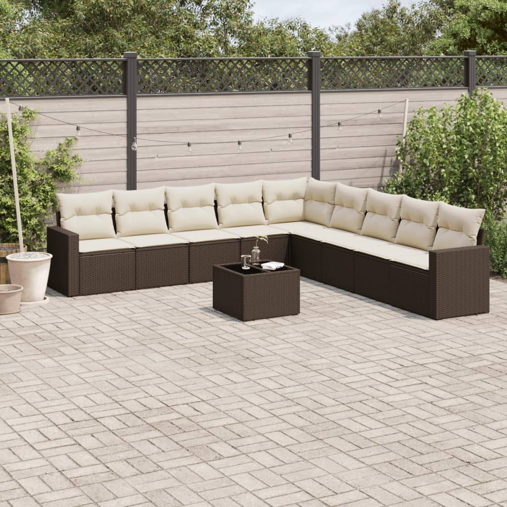 vidaXL 10-tlg. Garten-Sofagarnitur mit Kissen Braun Poly Rattan