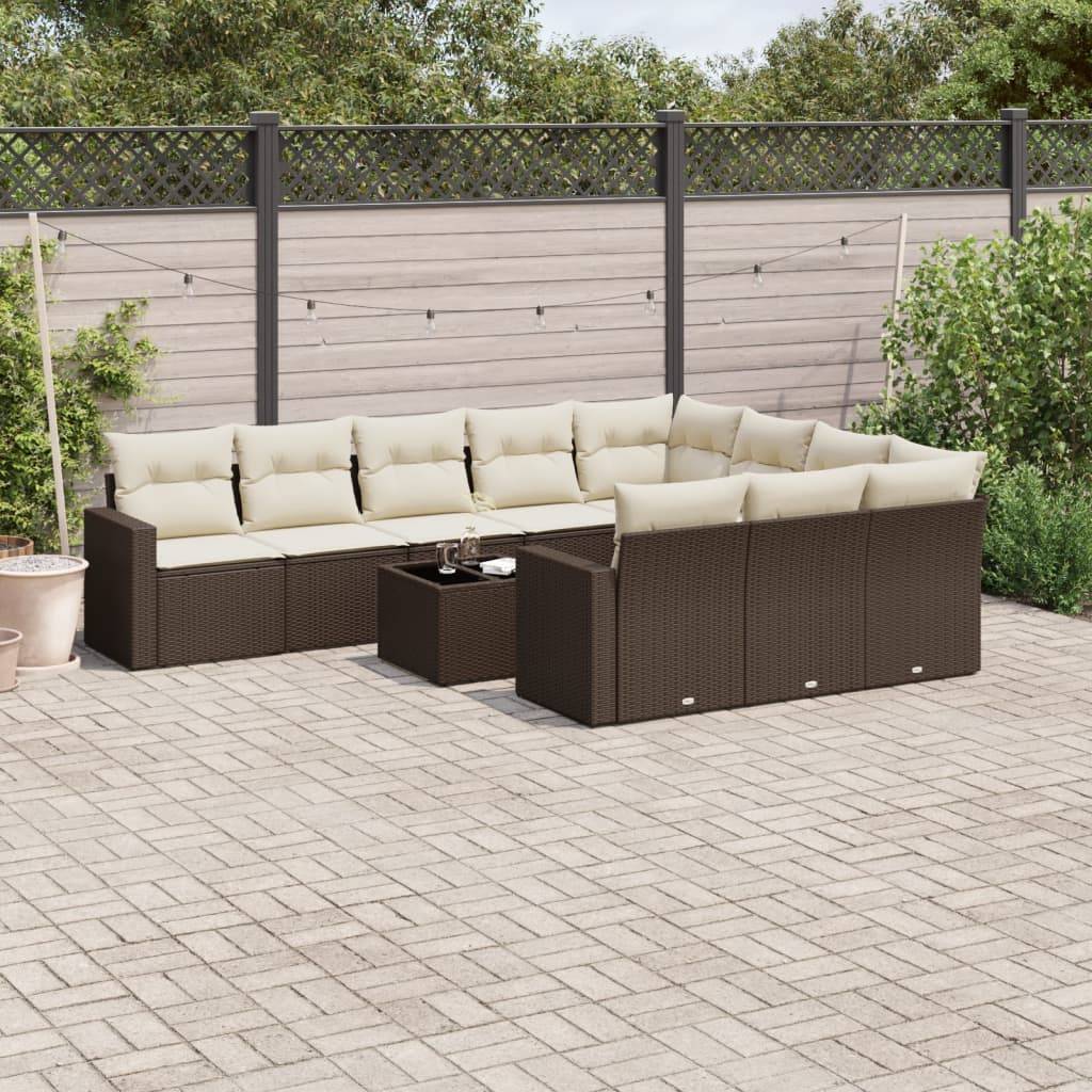 vidaXL 11-tlg. Garten-Sofagarnitur mit Kissen Braun Poly Rattan