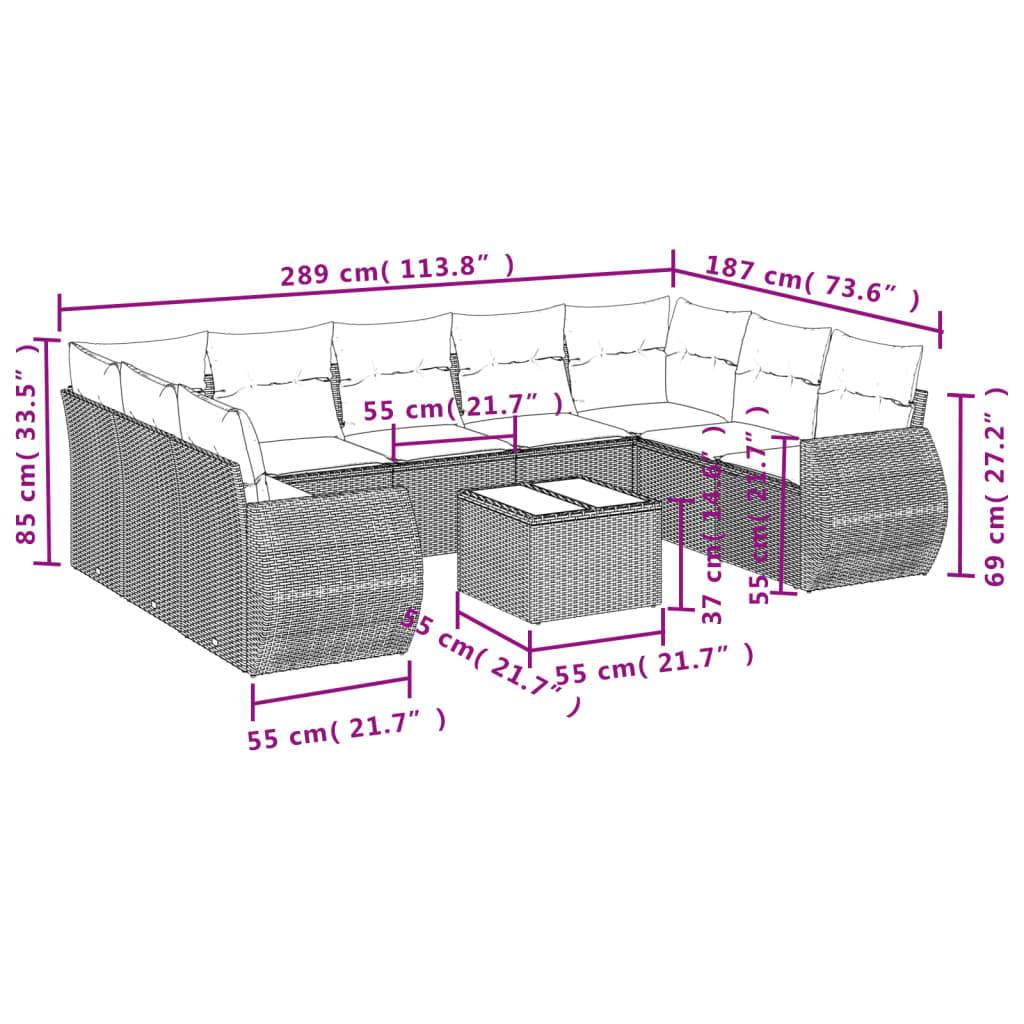 vidaXL 10-teiliges Gartensofa-Set mit Kissen, grau, Polyrattan